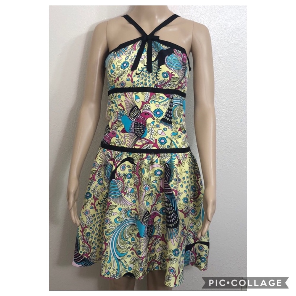 Tabitha 100% Silk Fit Flare Bird Floral Dres